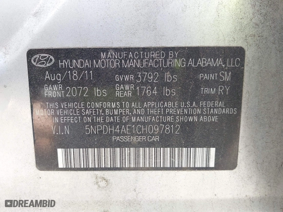 2012 Hyundai Elantra GLS with VIN 5NPDH4AE1CH097812, listed as a IAAI auction lot 42070612 with 114,799 mi miles. Bid and sale history available at carsss.com. Image 9.