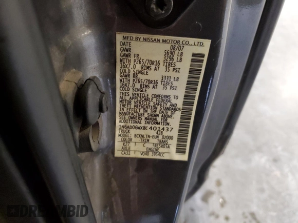 2008 Nissan Frontier SE z VIN 1N6AD06WX8C401437, wystawiony jako Copart lot #59941525 z przebiegiem 132 721 mil mil oraz Szkoda całkowita • Salvage title. Historia ofert i sprzedaży dostępna na DreamBid. Obrazek 12.