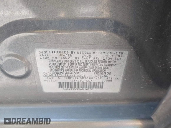 2016 Nissan Note SV with VIN 3N1CE2CP4GL407211, listed as a IAAI auction lot 42359339 with 106,625 mi miles and . Bid and sale history available at DreamBid. Image 9.