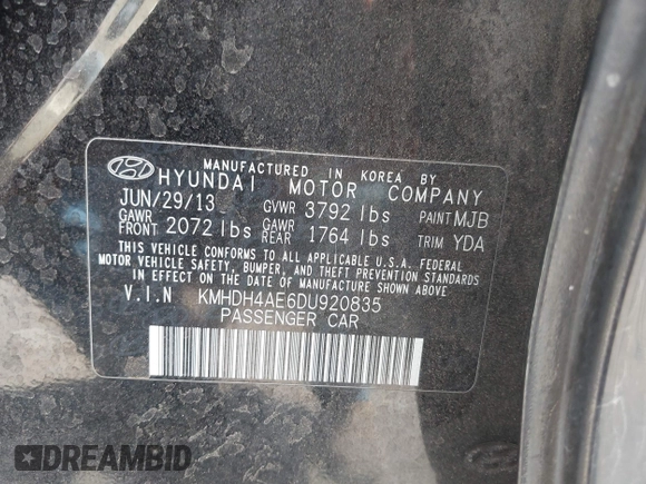 2013 Hyundai Elantra Limited with VIN KMHDH4AE6DU920835, listed as a IAAI auction lot 42084200 with 130,813 mi miles. Bid and sale history available at carsss.com. Image 9.
