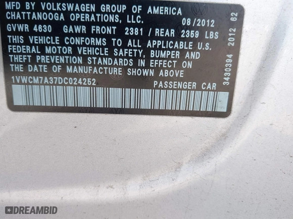 2013 Volkswagen Passat SEL Premium with VIN 1VWCM7A37DC024252, listed as a IAAI auction lot 41944978 with 168,616 mi miles. Bid and sale history available at carsss.com. Image 9.
