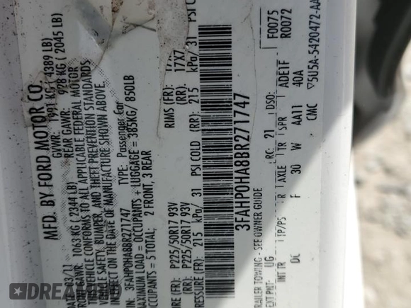 2011 Ford Fusion SE with VIN 3FAHP0HA8BR271747, listed as a Copart auction lot 49975735 with 154,136 mi miles and Salvage Title. Bid and sale history available at DreamBid. Image 14.