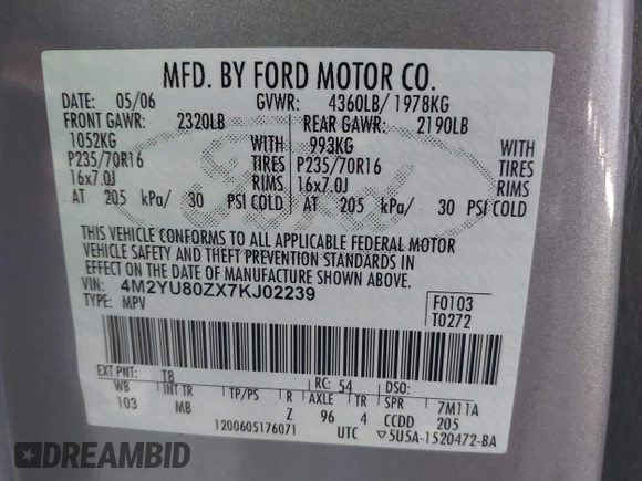 2007 Mercury Mariner Convenience with VIN 4M2YU80ZX7KJ02239, listed as a IAAI auction lot 41623532 with 231,629 mi miles and . Bid and sale history available at DreamBid. Image 9.