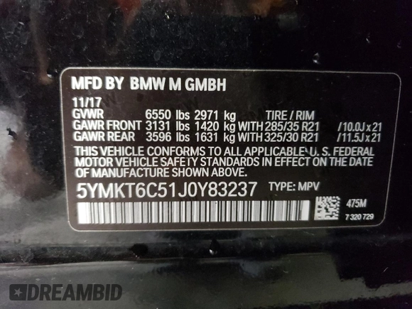 2018 BMW X5 M with VIN 5YMKT6C51J0Y83237, listed as a Copart auction lot 70314743 with 49,586 mi miles. Bid and sale history available at carsss.com. Image 14.