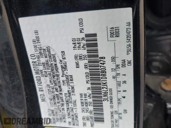 2013 Lincoln MKZ with VIN 3LN6L2JK1DR807478, listed as a Copart auction lot 56911525 with 105,827 mi miles and Salvage title. Bid and sale history available at DreamBid. Image 12.