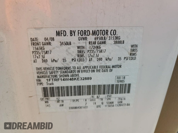 2008 Ford F-150 XL with VIN 1FTRF14W48KE32889, listed as a Copart auction lot 76073444 with 119,860 mi miles and Clean Title. Bid and sale history available at carsss.com. Image 12.