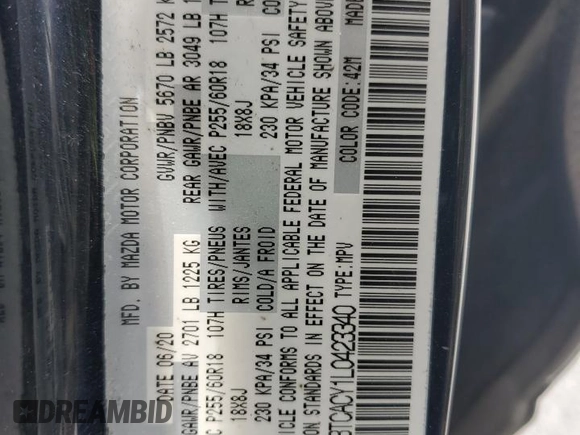 2020 Mazda CX-9 Touring with VIN JM3TCACY1L0423340, listed as a Copart auction lot 57389305 with 64,737 mi miles and Salvage title. Bid and sale history available at DreamBid. Image 13.