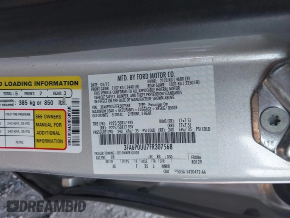 2015 Ford Fusion S Hybrid with VIN 3FA6P0UU7FR307568, listed as a IAAI auction lot 41421139 with 152,186 mi miles. Bid and sale history available at carsss.com. Image 9.