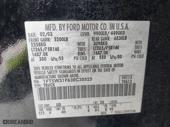 2003 Ford Super Duty F-350 SRW XL with VIN 1FTSW31P63EC30525, listed as a IAAI auction lot 41164415 with 261,844 mi miles. Bid and sale history available at carsss.com. Image 9.