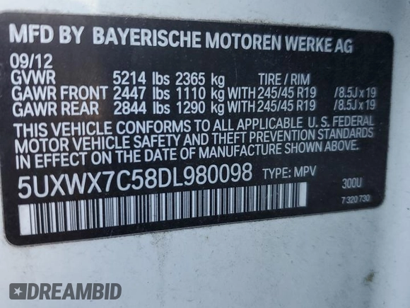 2013 BMW X3 xDrive35i z VIN 5UXWX7C58DL980098, wystawiony jako Copart lot #57865225 z przebiegiem 75 589 mil mil oraz Szkoda całkowita • Salvage title. Historia ofert i sprzedaży dostępna na DreamBid. Obrazek 14.