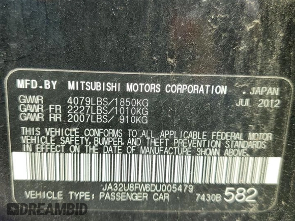 2013 Mitsubishi Lancer GT with VIN JA32U8FW6DU005479, listed as a Copart auction lot 69062344 with 126,217 mi miles and Salvage Title. Bid and sale history available at carsss.com. Image 12.