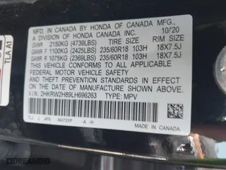 2020 Honda CR-V EX-L with VIN 2HKRW2H89LH696263, listed as a IAAI auction lot 41793265 with 1 mi miles. Bid and sale history available at carsss.com. Image 9.