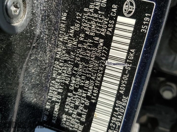 2012 Toyota Camry L with VIN 4T4BF1FK8CR234777, listed as a Copart auction lot 52189265 with 123,654 mi miles and Salvage Title. Bid and sale history available at DreamBid. Image 14.