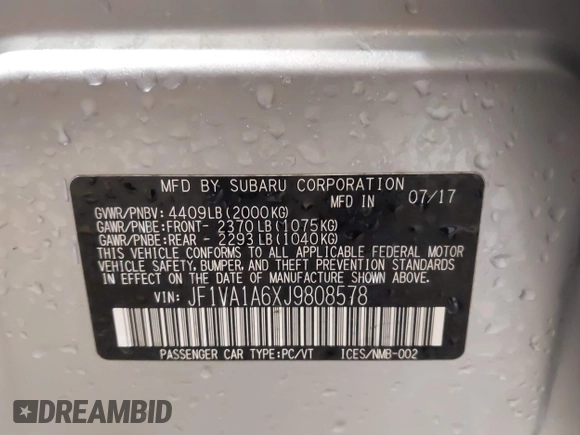 2018 Subaru WRX with VIN JF1VA1A6XJ9808578, listed as a IAAI auction lot 41914897 with 132,350 mi miles and . Bid and sale history available at DreamBid. Image 9.