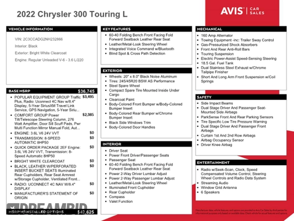 2022 Chrysler 300 Touring L with VIN 2C3CCADG2NH232866, listed as a Copart auction lot 44441475 with 39,564 mi miles and Non Repairable. Bid and sale history available at carsss.com. Image 12.