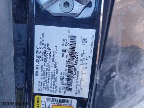 2018 Ford Fusion SE with VIN 3FA6P0HD3JR252958, listed as a Copart auction lot 87928035 with 88,592 mi miles and Salvage Title. Bid and sale history available at carsss.com. Image 14.