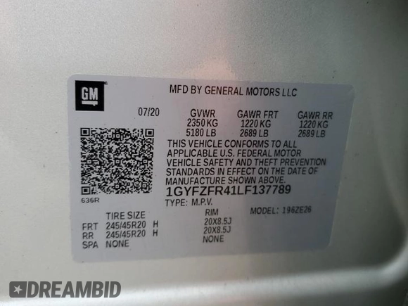 2020 Cadillac XT4 AWD Sport with VIN 1GYFZFR41LF137789, listed as a Copart auction lot 85614744 with Not provided miles and Non repairable. Bid and sale history available at DreamBid. Image 14.