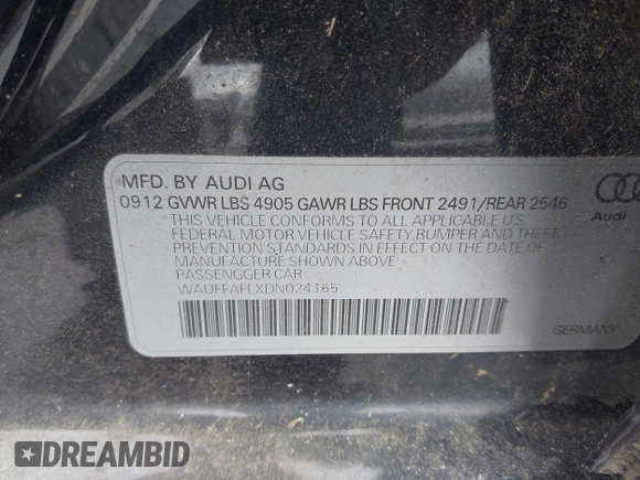 2013 Audi A4 Premium Plus с VIN WAUFFAFLXDN024165, выставлен на аукционе IAAI как лот 42271521 с пробегом 220 110 миль миль и . История ставок и продаж доступна на DreamBid. Изображение 9.