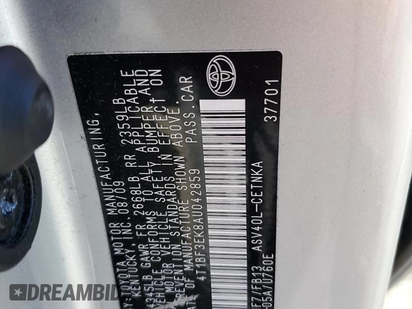 2010 Toyota Camry z VIN 4T1BF3EK8AU042859, wystawiony jako Copart lot #56377355 z przebiegiem 71 660 mil mil oraz Szkoda całkowita • Salvage title. Historia ofert i sprzedaży dostępna na DreamBid. Obrazek 12.