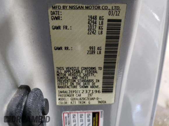 2012 Nissan Altima 2.5 S with VIN 1N4AL2EP1CC237196, listed as a Copart auction lot 44898435 with 157,220 mi miles and Salvage Title. Bid and sale history available at carsss.com. Image 12.