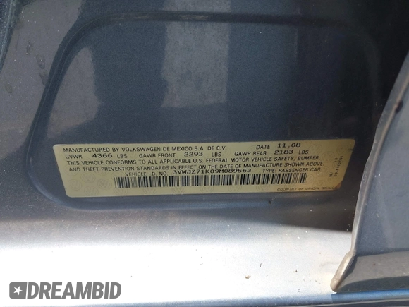 2009 Volkswagen Jetta S с VIN 3VWJZ71K09M089563, выставлен на аукционе IAAI как лот 42207932 с пробегом 207 719 миль миль и . История ставок и продаж доступна на DreamBid. Изображение 9.