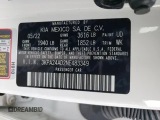2022 Kia Rio LX with VIN 3KPA24AD2NE483349, listed as a Copart auction lot 66582994 with 0 mi miles and Salvage Title. Bid and sale history available at carsss.com. Image 12.