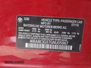 2016 BMW 3 Series 328i xDrive with VIN WBA8E3G57GNU05967, listed as a IAAI auction lot 42242987 with 72,957 mi miles and . Bid and sale history available at DreamBid. Image 9.