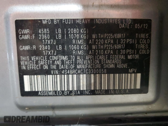 2012 Subaru Outback 2.5i с VIN 4S4BRCAC7C3300058, выставлен на аукционе Copart как лот 55974965 с пробегом 246 308 миль миль и Списание • Salvage title. История ставок и продаж доступна на DreamBid. Изображение 13.