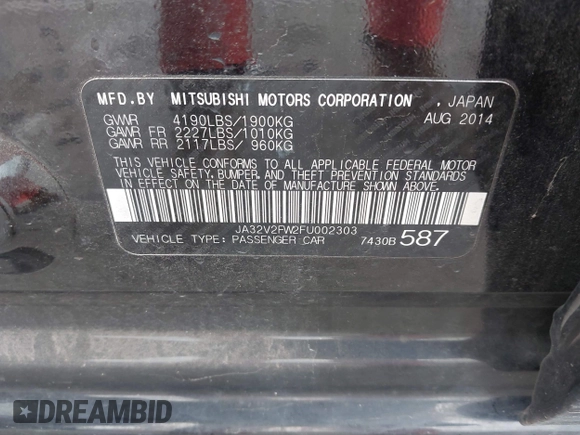 2015 Mitsubishi Lancer SE with VIN JA32V2FW2FU002303, listed as a IAAI auction lot 41927592 with 32,444 mi miles. Bid and sale history available at carsss.com. Image 9.