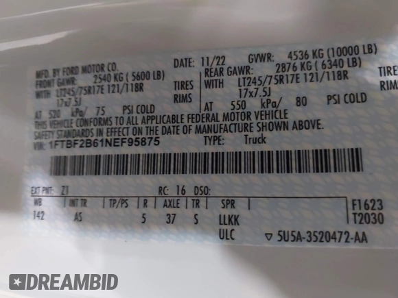 2022 Ford F-250 XL с VIN 1FTBF2B61NEF95875, выставлен на аукционе IAAI как лот 41577817 с пробегом 14 901 миль миль и . История ставок и продаж доступна на DreamBid. Изображение 9.