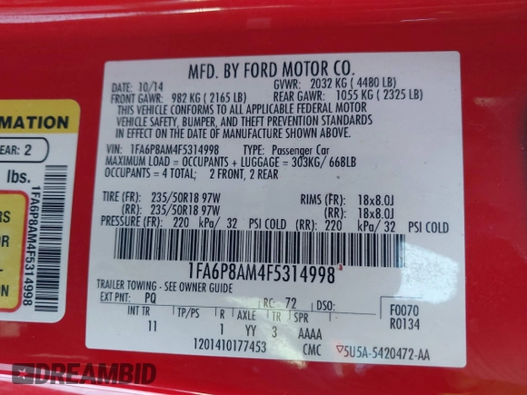 2015 Ford Mustang V6 z VIN 1FA6P8AM4F5314998, wystawiony jako IAAI lot #41292456 z przebiegiem 160 692 mil mil oraz . Historia ofert i sprzedaży dostępna na DreamBid. Obrazek 9.
