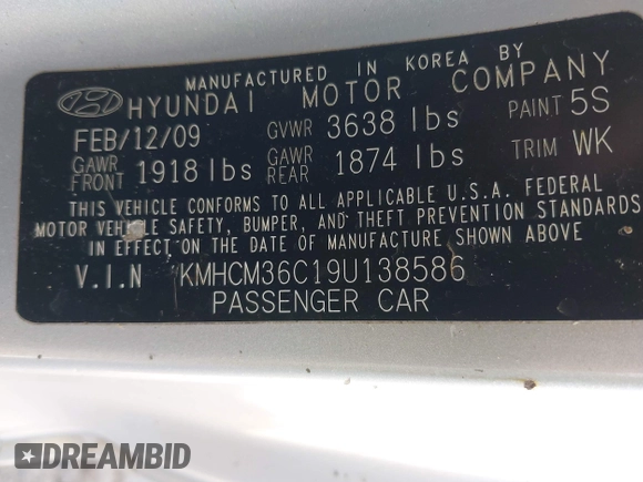 2009 Hyundai Accent GS с VIN KMHCM36C19U138586, выставлен на аукционе IAAI как лот 42542909 с пробегом 39 809 миль миль и . История ставок и продаж доступна на DreamBid. Изображение 9.