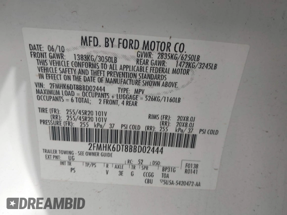 2011 Ford Flex Limited w/Ecoboost with VIN 2FMHK6DT8BBD02444, listed as a IAAI auction lot 41354214 with 225,665 mi miles. Bid and sale history available at carsss.com. Image 9.