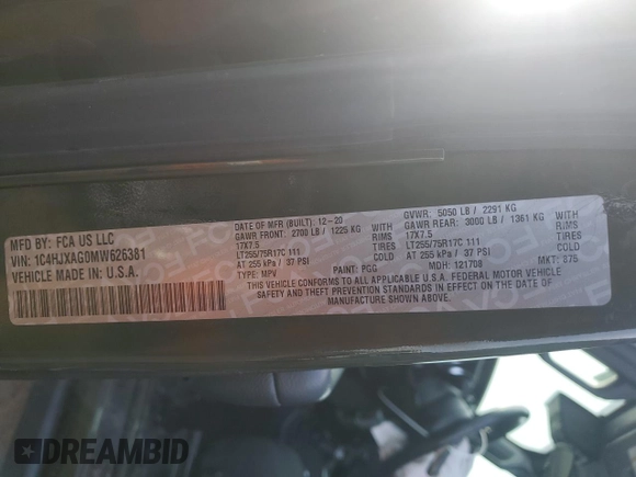 2021 Jeep Wrangler Sport S with VIN 1C4HJXAG0MW626381, listed as a Copart auction lot 87031684 with 53,187 mi miles and Salvage Title. Bid and sale history available at DreamBid. Image 12.