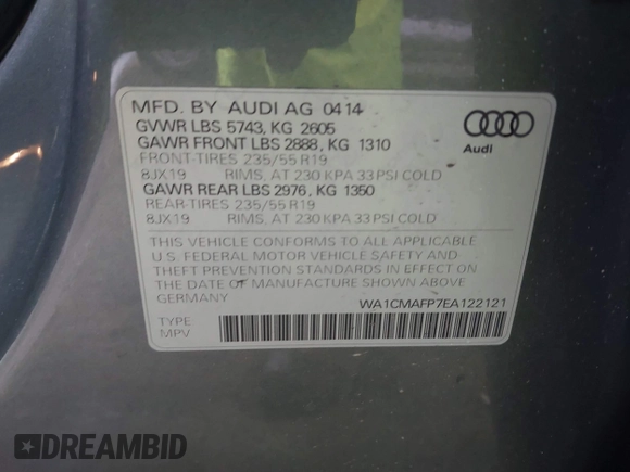 2014 Audi Q5 Premium Plus with VIN WA1CMAFP7EA122121, listed as a IAAI auction lot 41468305 with 81,766 mi miles and . Bid and sale history available at DreamBid. Image 9.