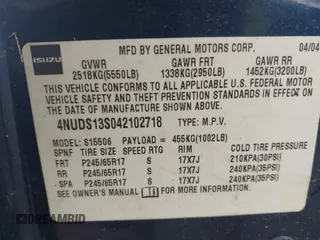 2004 Isuzu Ascender S z VIN 4NUDS13S042102718, wystawiony jako IAAI lot #42136971 z przebiegiem 327 734 mil mil oraz . Historia ofert i sprzedaży dostępna na DreamBid. Obrazek 9.