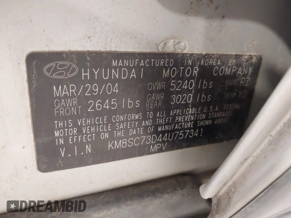 2004 Hyundai Santa Fe GLS with VIN KM8SC73D44U757341, listed as a IAAI auction lot 42254675 with 237,770 mi miles and . Bid and sale history available at DreamBid. Image 9.