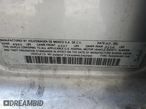 2006 Volkswagen Jetta 2.5L with VIN 3VWSF71K66M634299, listed as a Copart auction lot 42383235 with 168,421 mi miles and Salvage title. Bid and sale history available at DreamBid. Image 13.