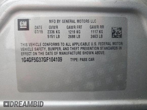 2016 Buick LaCrosse Premium II with VIN 1G4GF5G37GF104109, listed as a Copart auction lot 56247825 with 68,269 mi miles and Salvage title. Bid and sale history available at DreamBid. Image 12.