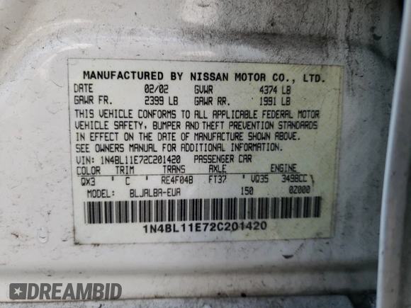 2002 Nissan Altima SE with VIN 1N4BL11E72C201420, listed as a Copart auction lot 41718455 with 192,323 mi miles and Salvage Title. Bid and sale history available at carsss.com. Image 12.