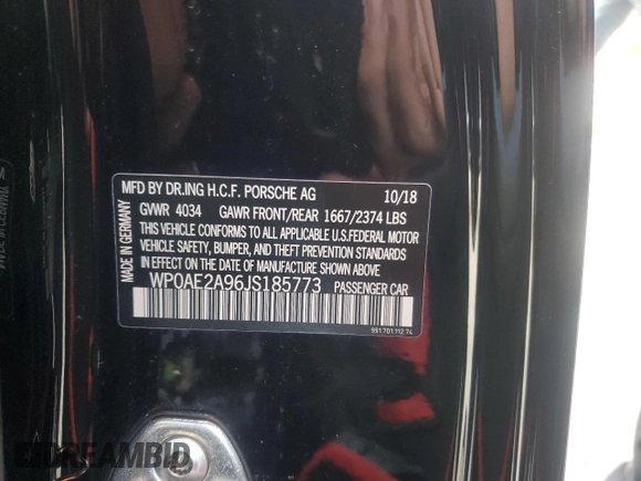 2018 Porsche 911 GT2 RS with VIN WP0AE2A96JS185773, listed as a Copart auction lot 85674904 with 5,843 mi miles and Salvage Title. Bid and sale history available at carsss.com. Image 13.