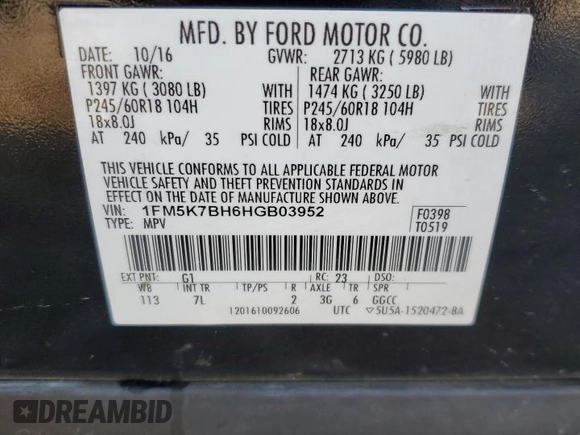 2017 Ford Explorer с VIN 1FM5K7BH6HGB03952, выставлен на аукционе Copart как лот 52304505 с пробегом 170 620 миль миль и Списание • Salvage title. История ставок и продаж доступна на DreamBid. Изображение 15.