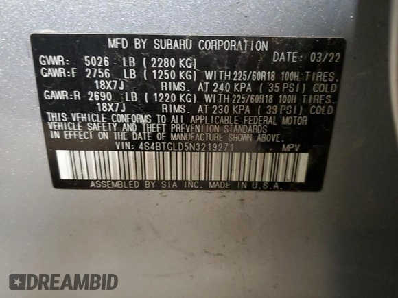 2022 Subaru Outback Onyx XT z VIN 4S4BTGLD5N3219271, wystawiony jako Copart lot #57564145 z przebiegiem Nie podano mil oraz Szkoda całkowita • Salvage title. Historia ofert i sprzedaży dostępna na DreamBid. Obrazek 13.