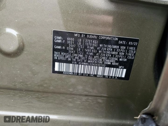 2022 Subaru Ascent Limited z VIN 4S4WMALD2N3430102, wystawiony jako Copart lot #53691305 z przebiegiem Nie podano mil oraz Szkoda całkowita • Salvage title. Historia ofert i sprzedaży dostępna na DreamBid. Obrazek 13.