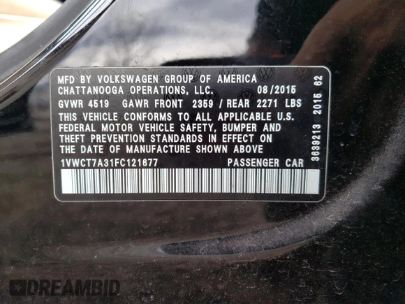 2015 Volkswagen Passat SEL Premium with VIN 1VWCT7A31FC121677, listed as a Copart auction lot 50835905 with 122,782 mi miles and Salvage title. Bid and sale history available at DreamBid. Image 12.