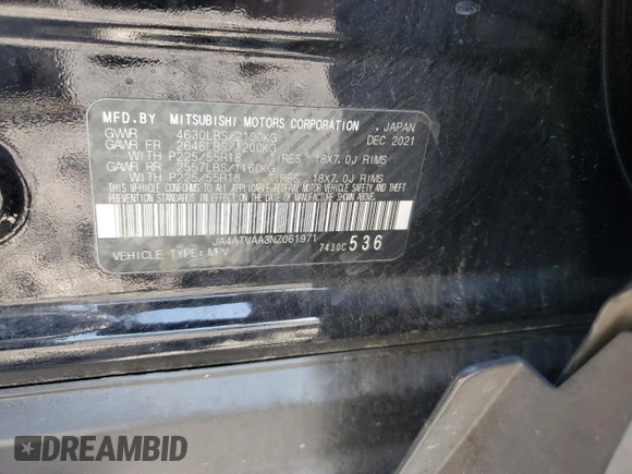 2022 Mitsubishi Eclipse Cross LE z VIN JA4ATVAA3NZ061971, wystawiony jako Copart lot #52570015 z przebiegiem 64 829 mil mil oraz Szkoda całkowita • Salvage title. Historia ofert i sprzedaży dostępna na DreamBid. Obrazek 13.