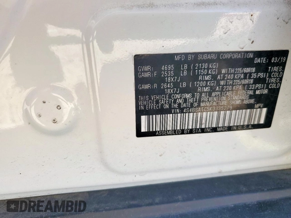 2019 Subaru Outback Touring with VIN 4S4BSATC5K3335279, listed as a Copart auction lot 59366525 with 132,195 mi miles and Salvage title. Bid and sale history available at DreamBid. Image 13.