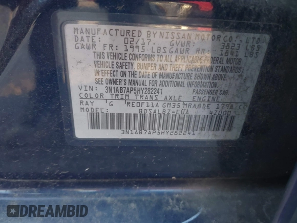 2017 Nissan Sentra S with VIN 3N1AB7AP5HY282241, listed as a IAAI auction lot 42027193 with 193,472 mi miles and . Bid and sale history available at DreamBid. Image 9.