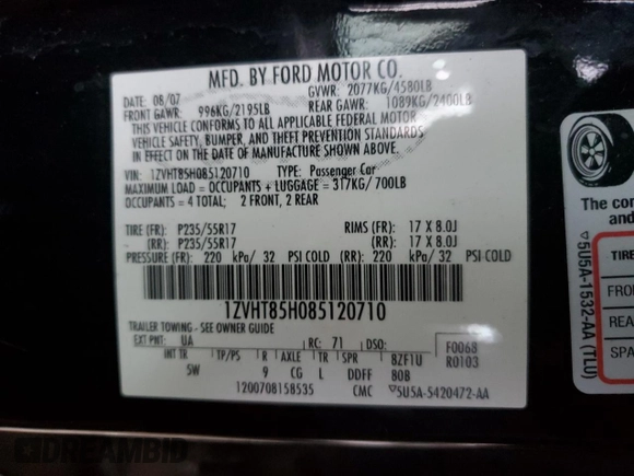 2008 Ford Mustang GT Deluxe with VIN 1ZVHT85H085120710, listed as a Copart auction lot 81685414 with 88,026 mi miles and Salvage Title. Bid and sale history available at DreamBid. Image 12.
