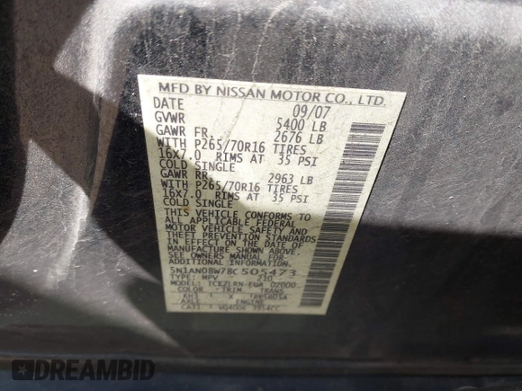 2008 Nissan Xterra S with VIN 5N1AN08W78C505473, listed as a IAAI auction lot 41748304 with 177,375 mi miles and . Bid and sale history available at DreamBid. Image 9.